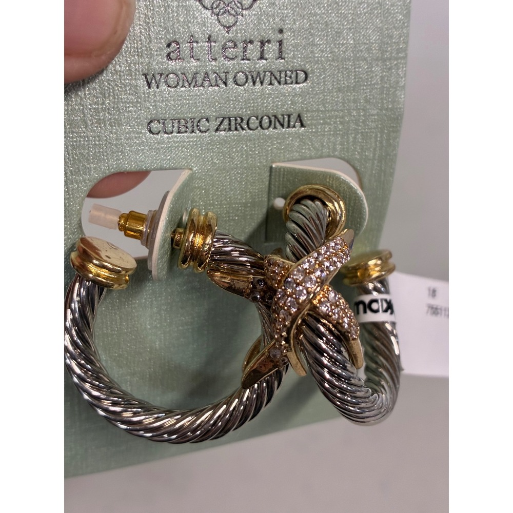Atterri Two Tone Twisted Cable Crossover X Cubic Zirconia Hoop Earrings NEW
